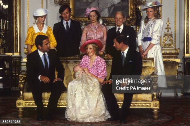 The Prince and Princess of Wales with Prince William and his godparents ex-King Constantine of Greece, Princess Alexandra, Lord Romsey, Lady Hussey,...