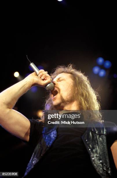 James Hetfield of Metallica performs on stage at the Freddie Mercury Tribute Concert at Wembley Stadium, London, on 20th April 1992.