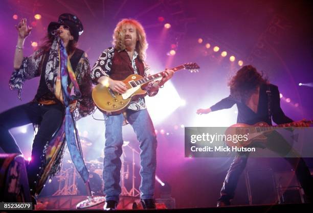 Photo of AEROSMITH and Joe PERRY and Brad WHITFORD and Steven TYLER, L-R. Steven Tyler, Brad Whitford, Joe Perry performing live onstage