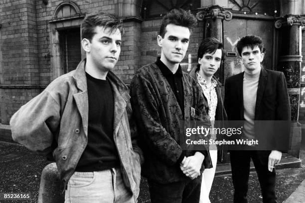 Photo of Andy ROURKE and MORRISSEY and Mike JOYCE and Johnny MARR and The Smiths; L-R: Andy Rourke, Morrissey, Johnny Marr, Mike Joyce - posed, group...