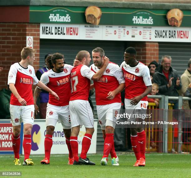 Fleetwood's Jonathan Parkin celebrates his goal during the Sky Bet League Two match at Highbury Stadium, Fleetwood.