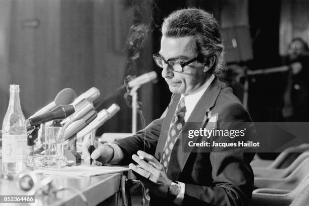 Politician Francisco Sa Carneiro holds a press conference during his legislative elections campaign.