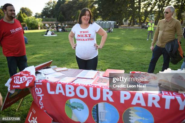 Pregnant Labour Party supporter poses for a photo ahead of a speech by party leader Jeremy Corbyn at a Momentum rally on September 23, 2017 in...