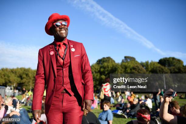 Labour Party supporter Joseph Afrane poses for a photo ahead of a speech by party leader Jeremy Corbyn at a Momentum rally on September 23, 2017 in...