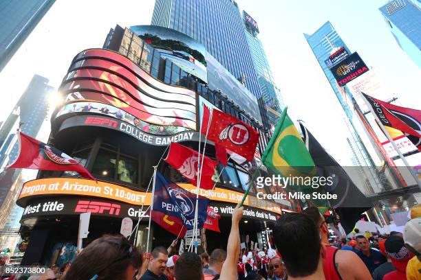 Fans are seen during ESPN's College GameDay show at Times Square on September 23, 2017 in New York City.