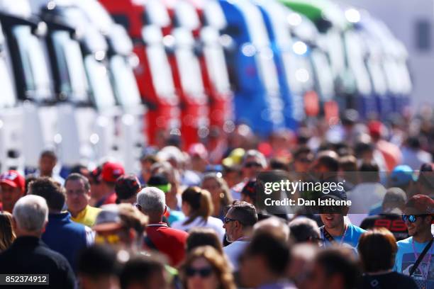 Fans and guests walk in the paddock before qualifying for the MotoGP of Aragon at Motorland Aragon Circuit on September 23, 2017 in Alcaniz, Spain.