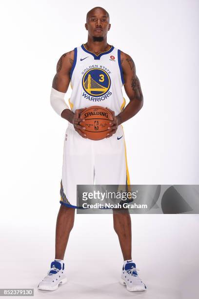 David West of the Golden State Warriors poses for a portrait during media day on September 22, 2017 at Oracle Arena in Oakland, California. NOTE TO...