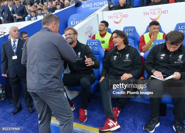 Manager Craig Shakespeare of Leicester City welcomes Manager Jurgen Klopp of Liverpool to King Power Stadium ahead of the Premier League match...