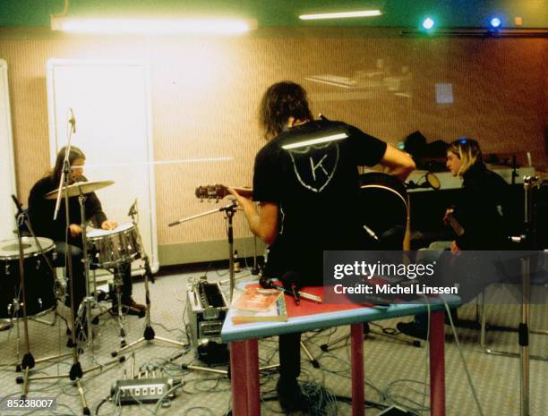 Photo of Krist NOVOSELIC and Dave GROHL and NIRVANA and Kurt COBAIN, Dave Grohl, Krist Novolselic, and Kurt Cobain - band recording in Hilversum...