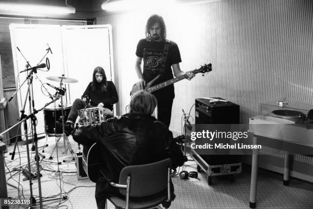 Photo of Kurt COBAIN and NIRVANA and Krist NOVOSELIC and Dave GROHL, L-R. Dave Grohl, Kurt Cobain , Krist Novoselic - group shot - recording in...