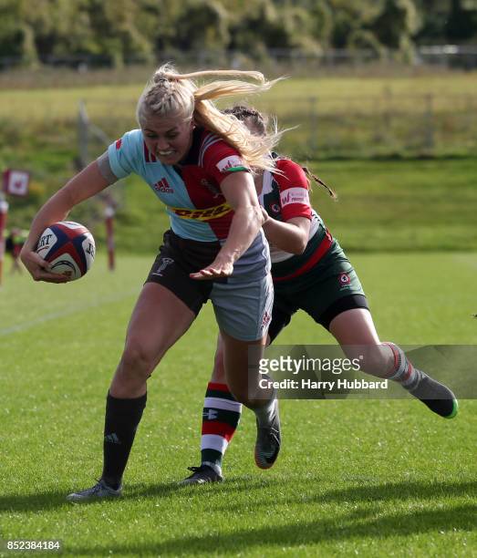 Holly Myers of Harlequins Ladies scores a try during the Tyrrells Premier 15s match between Harlequins Ladies and Firwood Waterloo Ladies at Surrey...
