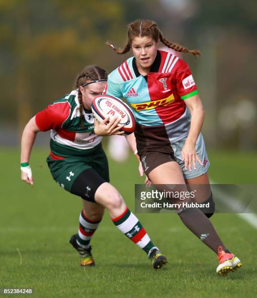 Jessica Breach of Harlequins Ladies and Michelle Davis of Firwood Waterloo Ladies in action during the Tyrrells Premier 15s match between Harlequins...
