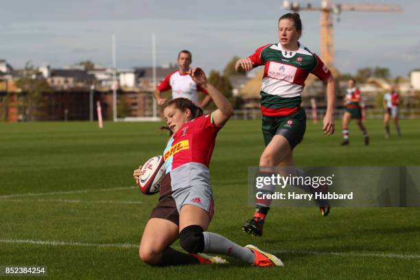Jessica Breach of Harlequins Ladies scores a try during the Tyrrells Premier 15s match between Harlequins Ladies and Firwood Waterloo Ladies at...
