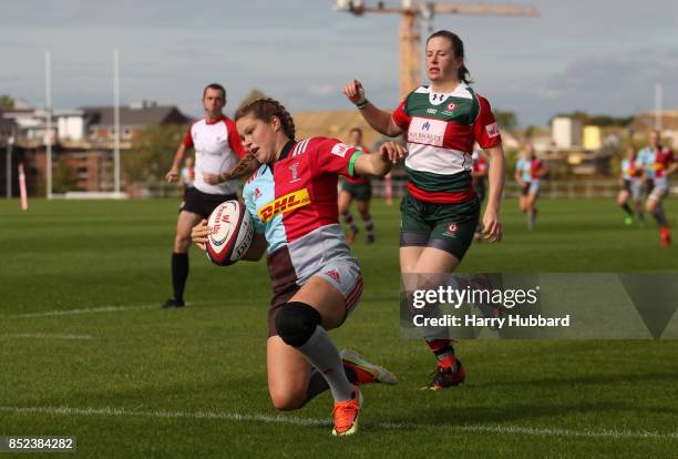 Jessica Breach of Harlequins Ladies scores a try during the Tyrrells Premier 15s match between Harlequins Ladies and Firwood Waterloo Ladies at...