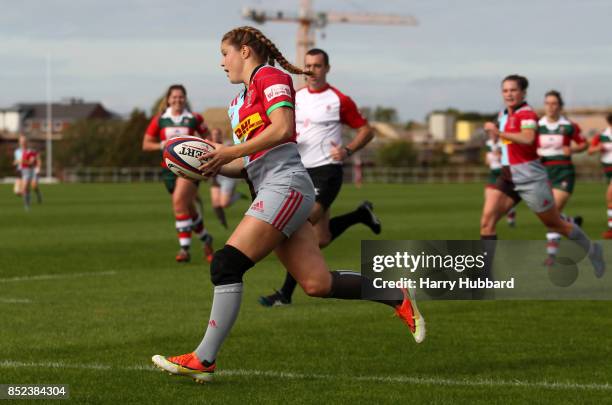 Jessica Breach of Harlequins Ladies scores a try during the Tyrrells Premier 15s match between Harlequins Ladies and Firwood Waterloo Ladies at...