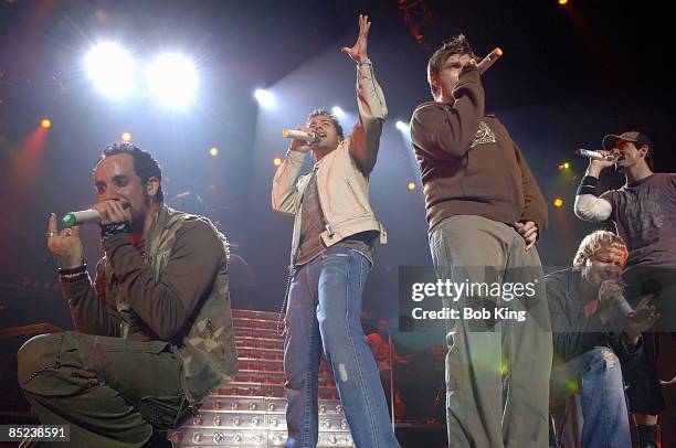 Photo of BACKSTREET BOYS; L-R. A.J. McLean, Howie Dorough, Nick Carter, Brian Littrell, Kevin Richardson live at SEC