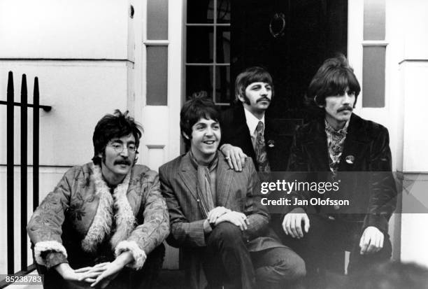 Photo of BEATLES; John Lennon, Paul McCartney, Ringo Starr, George Harrison outside Brian Epstein's Belgravia house for Sgt. Pepper launch