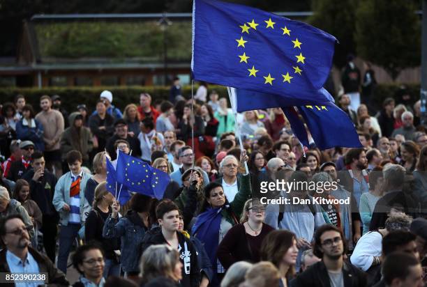 Pro EU supporters gather to watch Labour Leader Jeremy Corbyn during a Momentum Rally on the eve of the Labour Party Conference on September 23, 2017...