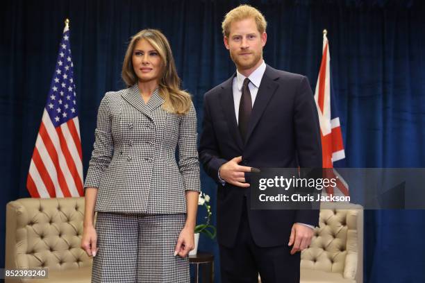 Prince Harry poses with U.S. First lady Melania Trump for the first time as she leads the USA team delegation ahead of the Invictus Games 2017 on...