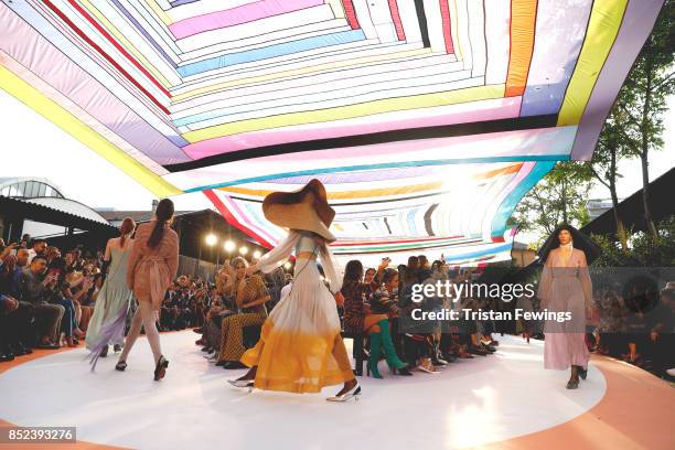 Models walk the runway at the Missoni show during the Milan Fashion Week Spring/Summer 2018 on September 23, 2017 in Milan, Italy.