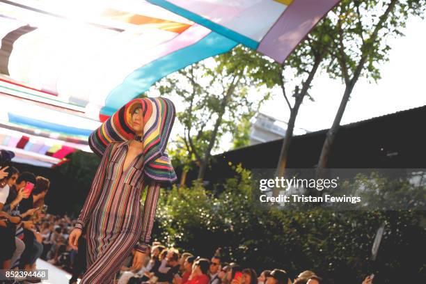 Model walks the runway at the Missoni show during the Milan Fashion Week Spring/Summer 2018 on September 23, 2017 in Milan, Italy.