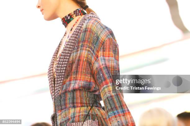 Model, fashion details, walks the runway at the Missoni show during the Milan Fashion Week Spring/Summer 2018 on September 23, 2017 in Milan, Italy.