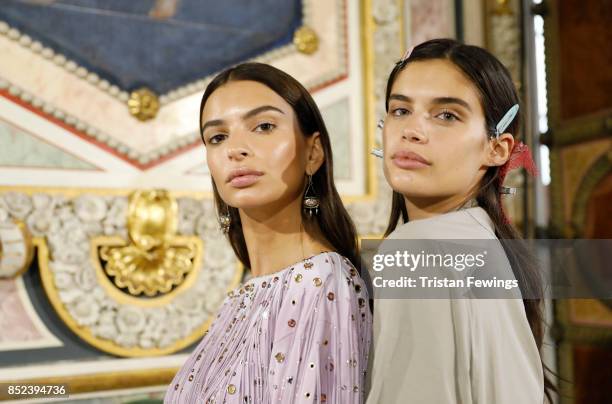 Emily Ratajkowski and Sara Sampaio are seen backstage ahead of the Bottega Veneta show during Milan Fashion Week Spring/Summer 2018 on September 23,...