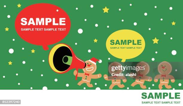 merry christmas and new year greeting card, cute gingerbread man talking through a megaphone (group of gingerbread children running and playing) - christmas gingerbread man stock illustrations