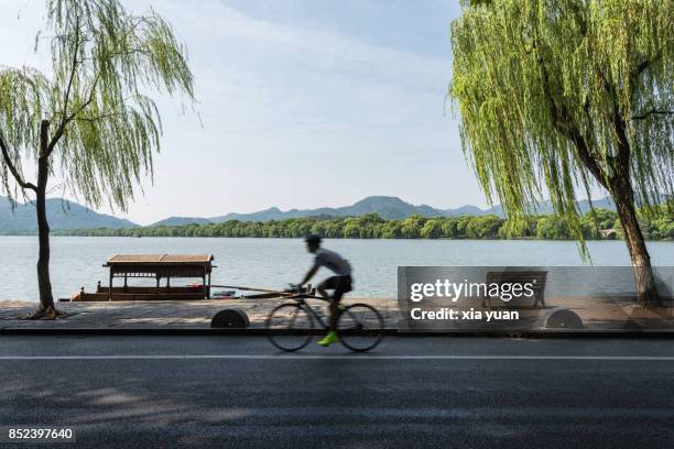 riding bicycle by the west lake,hangzhou,china - west lake hangzhou stock pictures, royalty-free photos & images