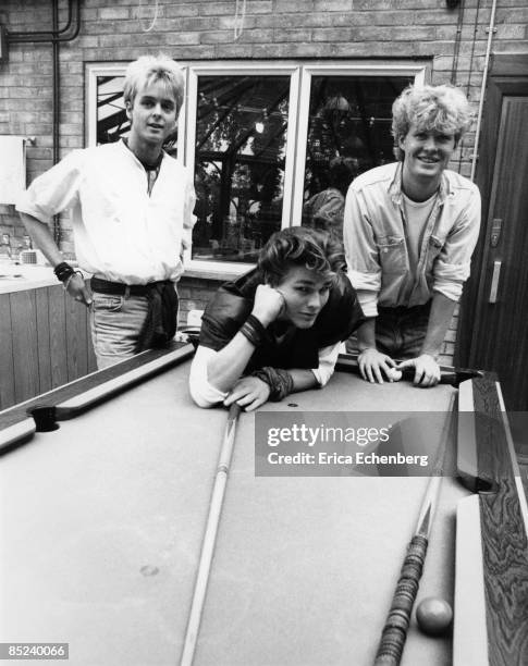 Photo of Morten HARKET and A-HA and Pal WAAKTAAR and Mags FURUHOLMEN; L-R. Pal Waaktaar, Morten Harket, Mags Furuholmen at Pete Townshend's "Eel Pie...