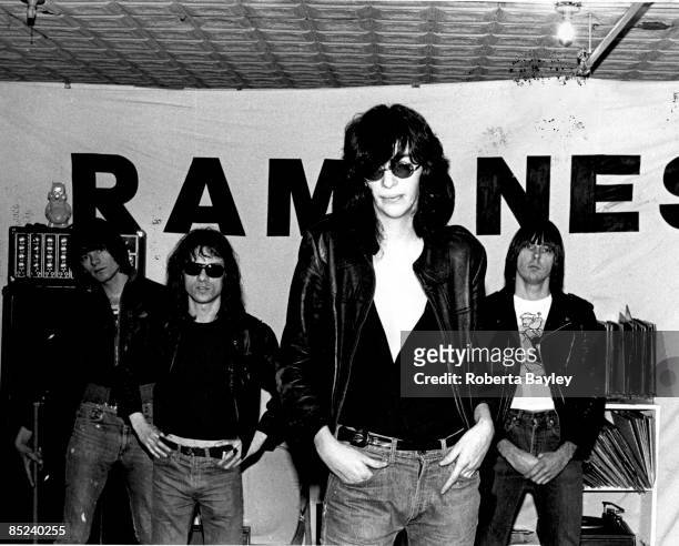 Photo of Tommy RAMONE and RAMONES and Dee Dee RAMONE and Johnny RAMONE; L-R. Dee Dee Ramone, Tommy Ramone, Joey Ramone, Johnny Ramone
