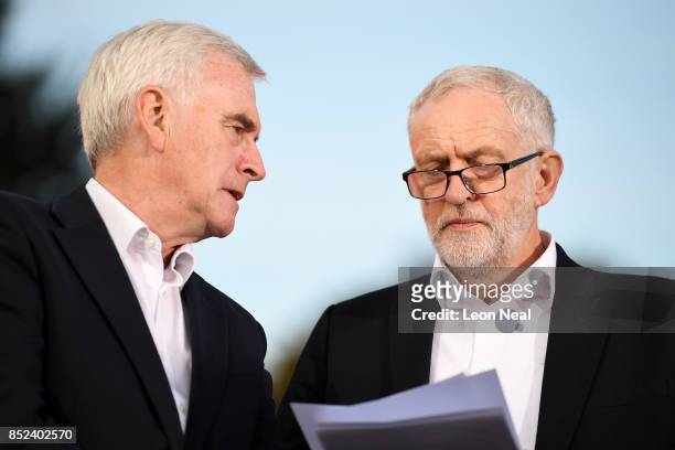 Labour leader Jeremy Corbyn and shadow chancellor John McDonnell during a Momentum Rally on the eve of the Labour Party Conference on September 23,...
