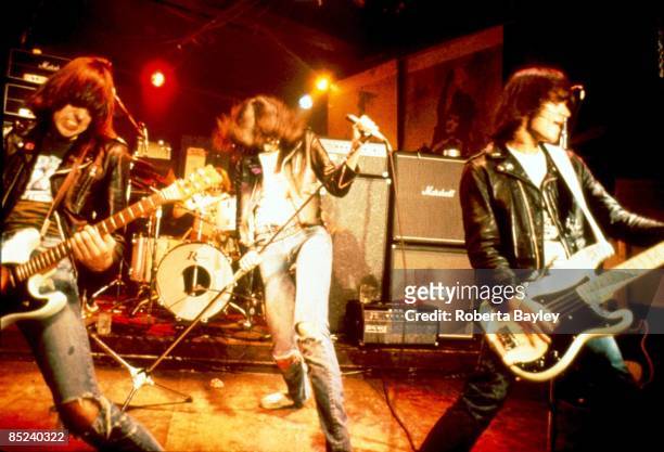 Photo of Joey RAMONE and RAMONES and Johnny RAMONE and Dee Dee RAMONE, L-R. Johnny Ramone, Joey Ramone, Dee Dee Ramone