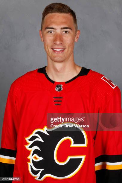 Mason McDonald of the Calgary Flames poses for his official headshot for the 2017-2018 season on July 4, 2017 at the WinSport Markin MacPhail Centre,...