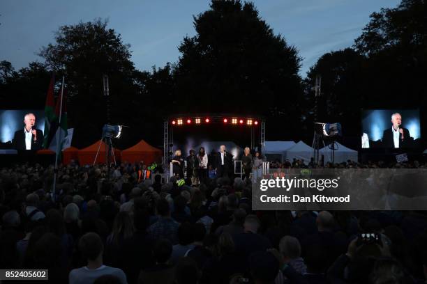 Labour Leader Jeremy Corbyn addresses supporters during a Momentum Rally on the eve of the Labour Party Conference on September 23, 2017 in Brighton,...