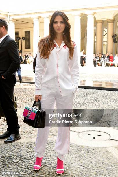 Guest attends the Philosophy By Lorenzo Serafini show during Milan Fashion Week Spring/Summer 2018 on September 23, 2017 in Milan, Italy.