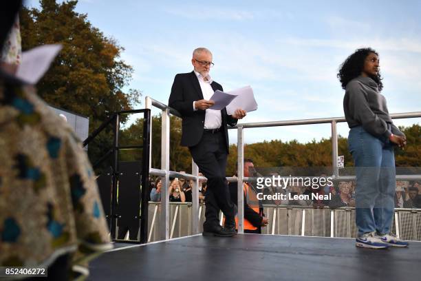 Labour Leader Jeremy Corbyn prepares to address supporters during a Momentum Rally on the eve of the Labour Party Conference on September 23, 2017 in...