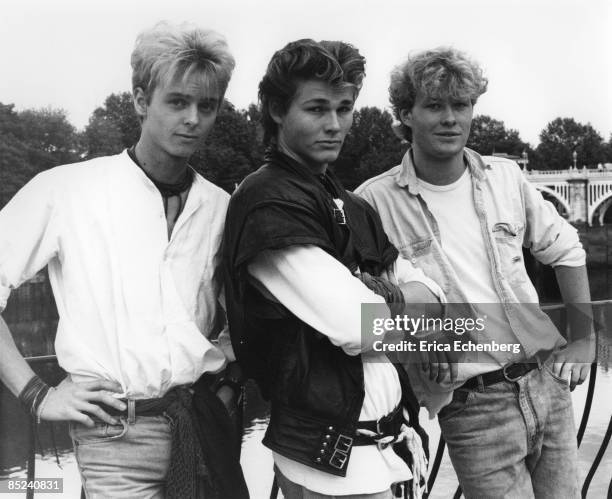 Photo of Morten HARKET and A-HA and Pal WAAKTAAR and Mags FURUHOLMEN; L-R. Pal Waaktaar, Morten Harket, Mags Furuholmen at Pete Townshend's "Eel Pie...