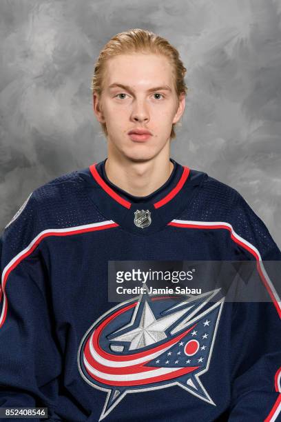 Matiss Kivlenieks of the Columbus Blue Jackets poses for his official headshot for the 2017-18 season on September 14, 2017 at Nationwide Arena in...