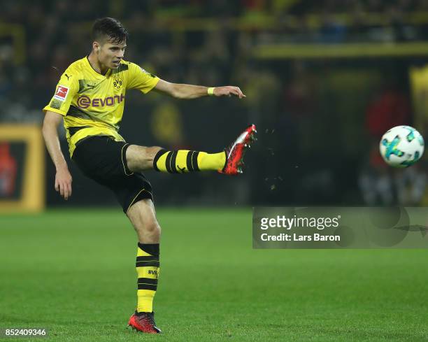 Julian Weigl of Dortmund about to score his teams sixth goal to make it 6:1 during the Bundesliga match between Borussia Dortmund and Borussia...