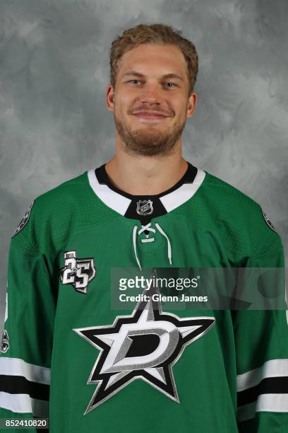Jamie Oleksiak of the Dallas Stars poses for his official headshot for the 2017-2018 season on September 14, 2017 at the Dr. Pepper Star Center in...