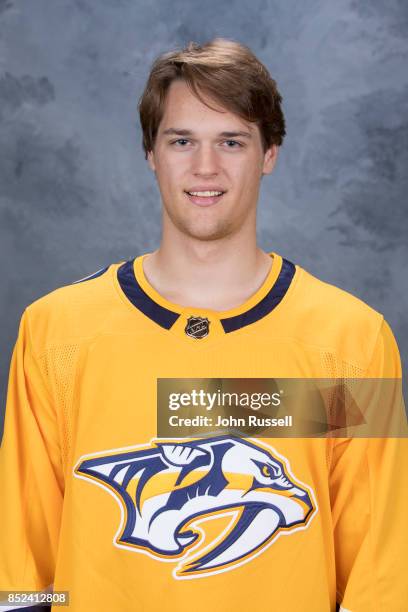 Jacob Paquette of the Nashville Predators poses for his official headshot for the 2017-2018 season on September 14, 2017 at Bridgestone Arena in...