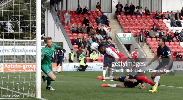 Fleetwood Town's Devante Cole scores his sides second goal during the Sky Bet League One match between Fleetwood Town and Southend United at Highbury...