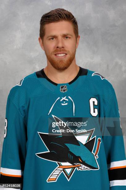 Joe Pavelski of the San Jose Sharks poses for his official headshot for the 2017-18 season on September 14, 2017 at Sharks Ice in San Jose,...