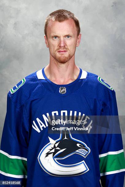 Henrik Sedin of the Vancouver Canucks poses for his official headshot for the 2017-2018 season on September 12, 2017 at Rogers Arena in Vancouver,...