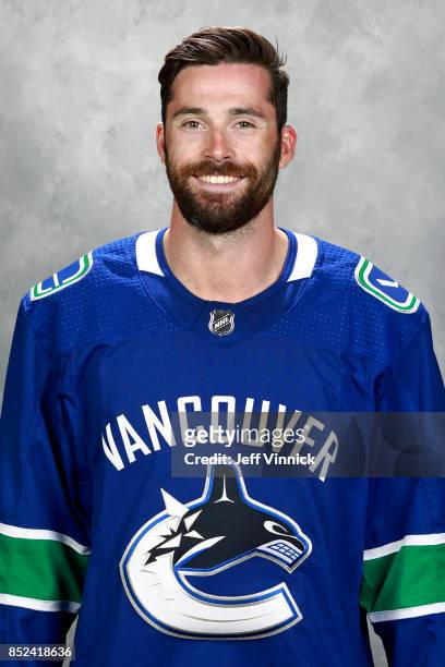Erik Gudbranson of the Vancouver Canucks poses for his official headshot for the 2017-2018 season on September 12, 2017 at Rogers Arena in Vancouver,...