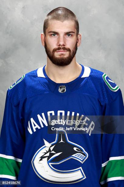 Yan Pavel Laplante of the Vancouver Canucks poses for his official headshot for the 2017-2018 season on September 12, 2017 at Rogers Arena in...