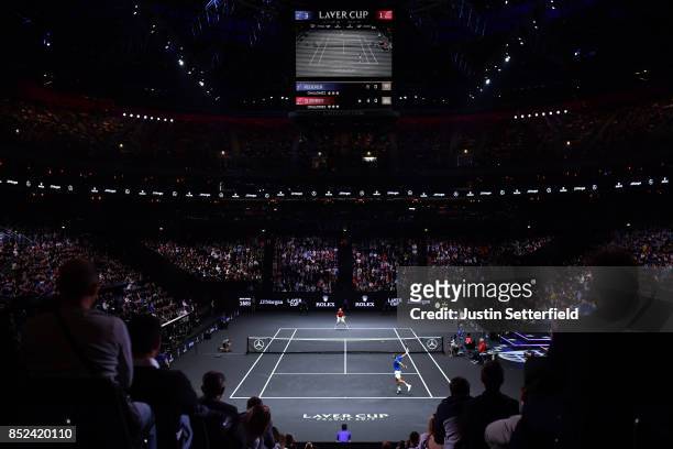 Roger Federer of Team Europe plays a backhand during his singles match against Sam Querrey of Team World on Day 2 of the Laver Cup on September 23,...