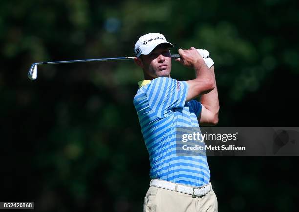 Shawn Stefani watches his tee shot on the second hole during the third round of the Web.com Tour DAP Championship on September 23, 2017 in Beachwood,...