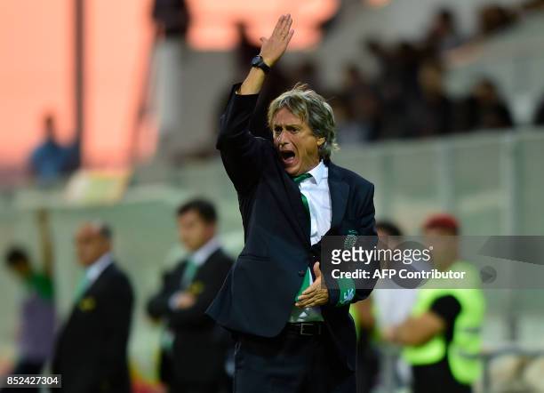 Sporting's coach Jorge Jesus gestures from the sideline during the Portuguese league football match Moreirense FC vs Sporting CP at the Comendador...